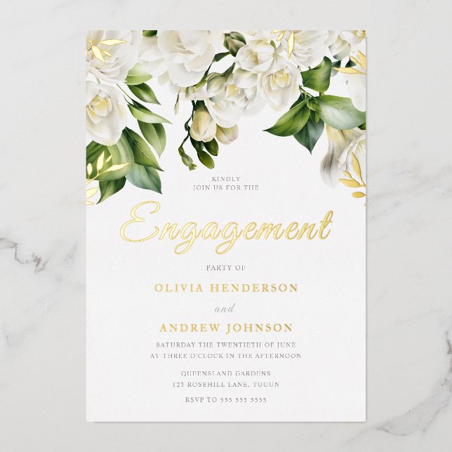 Beautiful White Floral Engagement Party Gold Foil Invitation (Front)