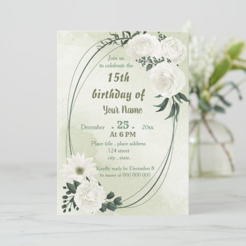 beautiful white floral geometric birthday party invitation