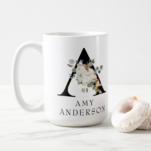 Beautiful White Floral Gold Accents Monogram A Coffee Mug (With Donut)