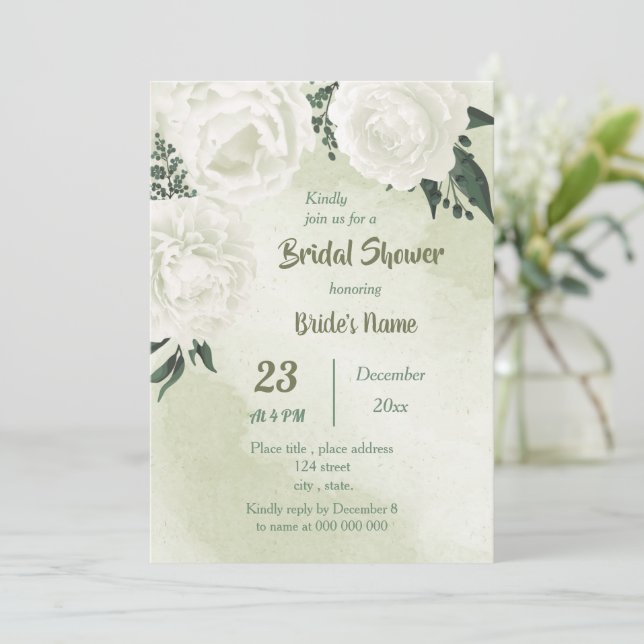 beautiful white floral greenery bridal shower invitation (Standing Front)
