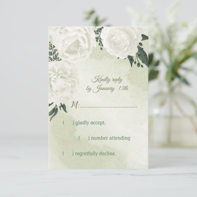 beautiful white floral greenery  RSVP card (Standing Front)