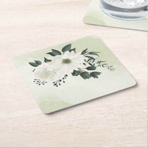 beautiful white floral greenery square paper coaster