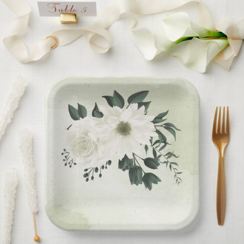 beautiful white floral greenery wedding paper plates