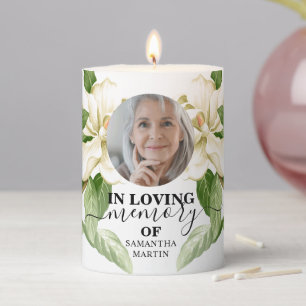 Beautiful White Floral Memorial Remembrance Pillar Candle