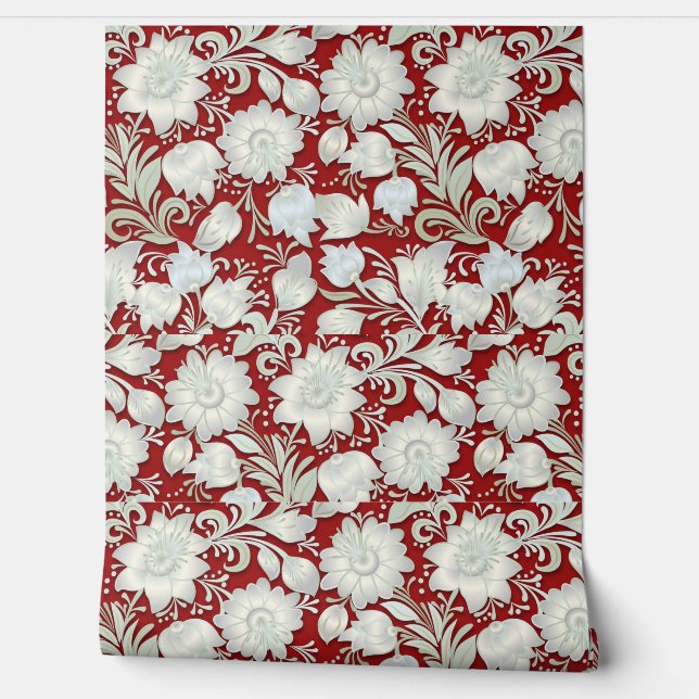 Beautiful White Floral Ornament on Red Background Wallpaper (Unrolling)