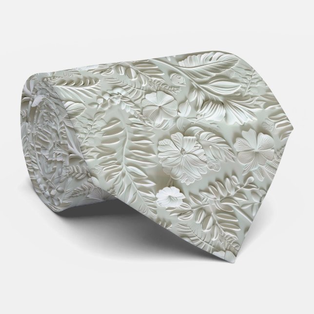 Beautiful White Floral Pattern Faux Leather  Neck Tie (Rolled)