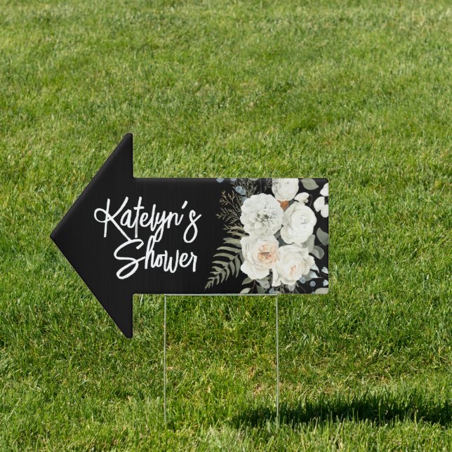 Beautiful White Floral wDirectional Wedding SHOWER Sign (Insitu)