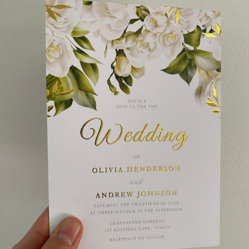 Beautiful White Floral Wedding Golden Foil Invitation