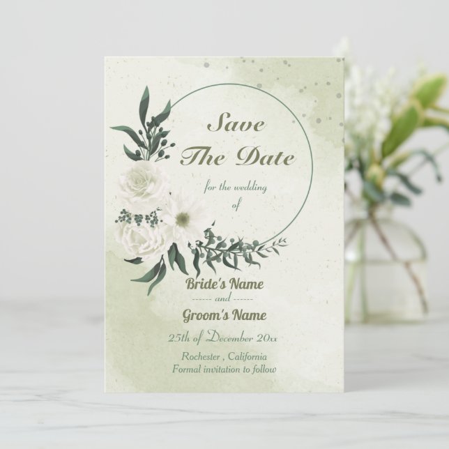 beautiful white floral wreath save the date (Standing Front)