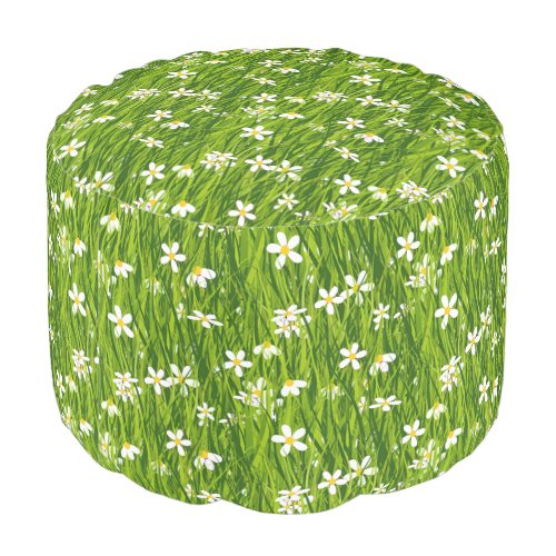 Beautiful White Flowers and Green Leaves Pouf