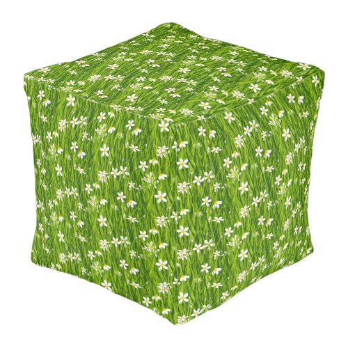 Beautiful White Flowers and Green Leaves Pouf