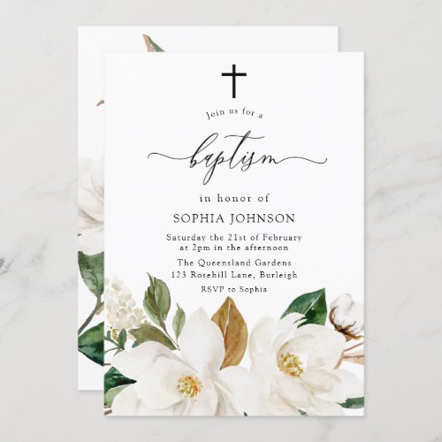 Beautiful White Flowers Boy Girl Cross Baptism Invitation