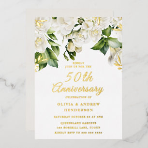 Beautiful White Flowers & Gold 50th Anniversary Foil Invitation