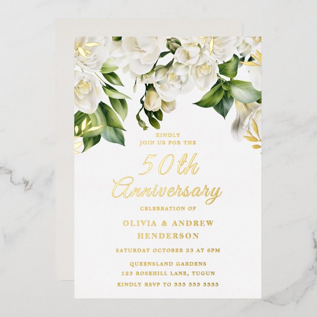 Beautiful White Flowers & Gold 50th Anniversary Foil Invitation (Front/Back)