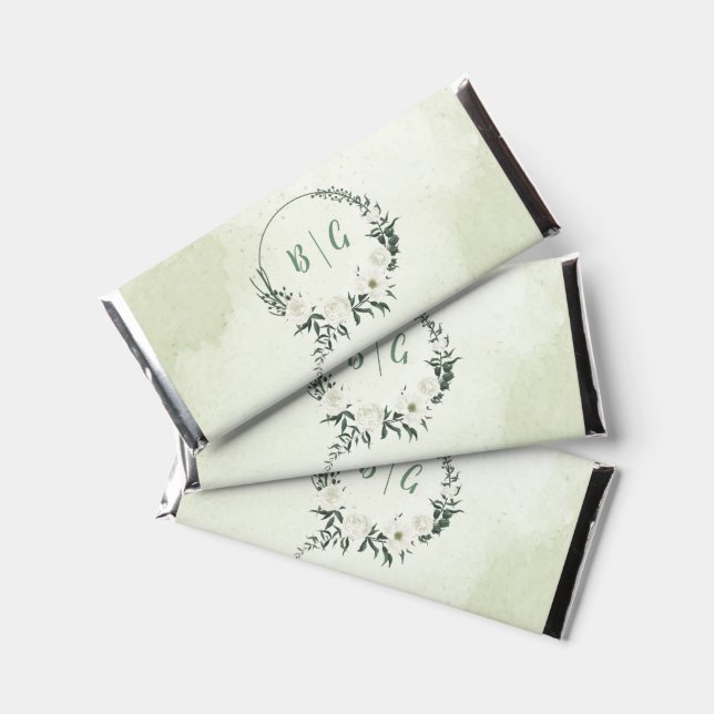Beautiful white flowers green leaves wedding hershey bar favors (Front)