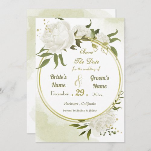 beautiful white flowers green leaves wreath save the date