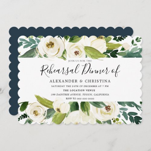 Beautiful White Flowers Green Rehearsal Dinner Invitation