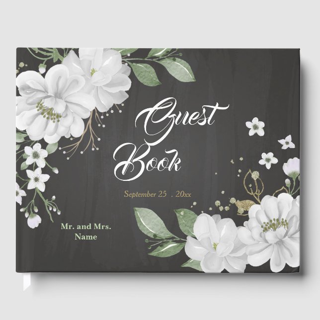 beautiful white flowers greenery black guest book (Front)
