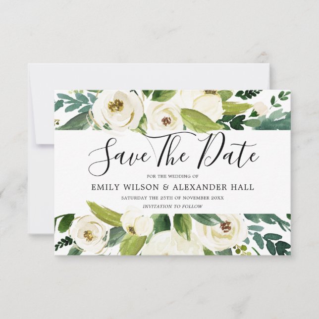 Beautiful White Flowers Greenery Spring Wedding Save The Date (Front)
