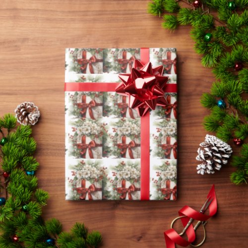 Beautiful White Flowers Holly Red Ribbon Gift Box Wrapping Paper