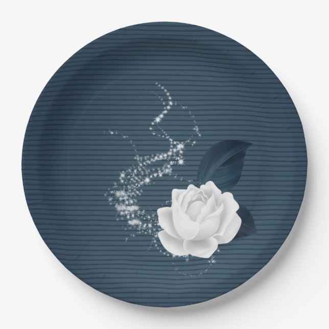 Beautiful white flowers & navy leaves paper plates (Front)