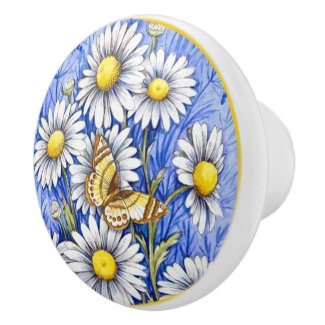 Beautiful White flowers on blue background Ceramic Knob