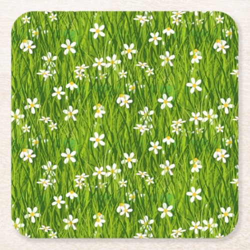 Beautiful White Flowers on Green Leaves Square Paper Coaster