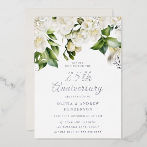 Beautiful White Flowers  Silver 25th Anniversary Foil Invitation