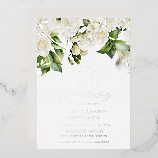 Beautiful White Flowers & Silver 25th Anniversary Foil Invitation (Front/Back)