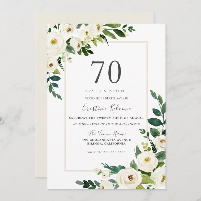 Beautiful White Flowers With Frame 70th Birthday Invitation (Front/Back)