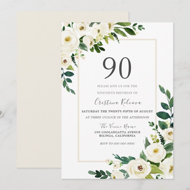 Beautiful White Flowers With Frame 90th Birthday Invitation (Front/Back)