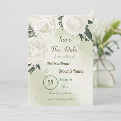 beautiful white flowers with green leaves  save the date