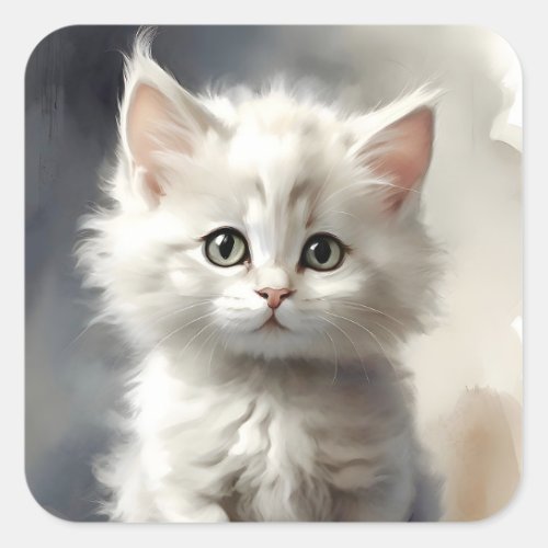 Beautiful White Fluffy Kitten Portrait  Square Sticker