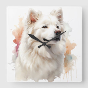 BEAUTIFUL WHITE FLUFFY SAMOYED DOG SQUARE WALL CLOCK