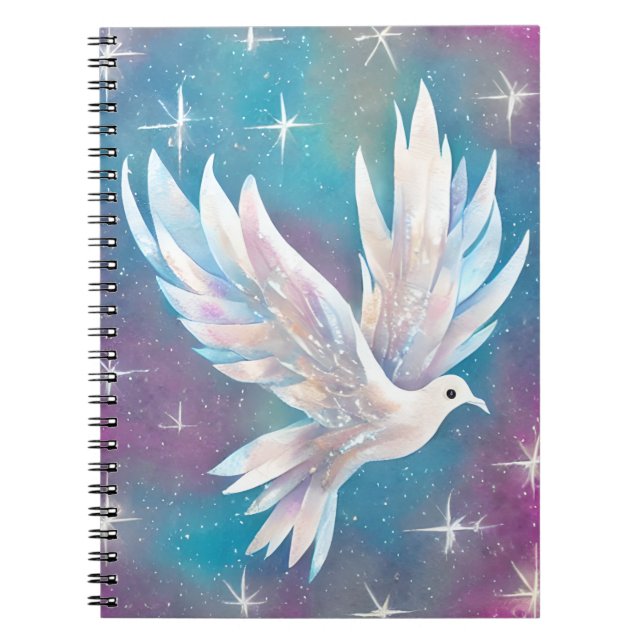 Beautiful White Glitter Peace Dove Notebook (Front)