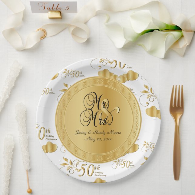 Beautiful White & Gold 50th Wedding Anniversary Paper Plates (Wedding)