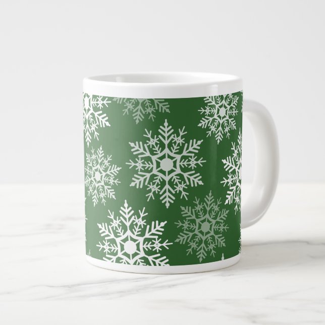 Beautiful White & Green Winter Snow Stars Giant Coffee Mug (Front Right)