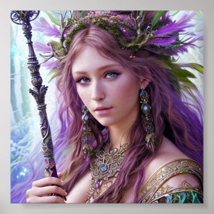 Beautiful White-Haired Druid Colorful Poster Gift