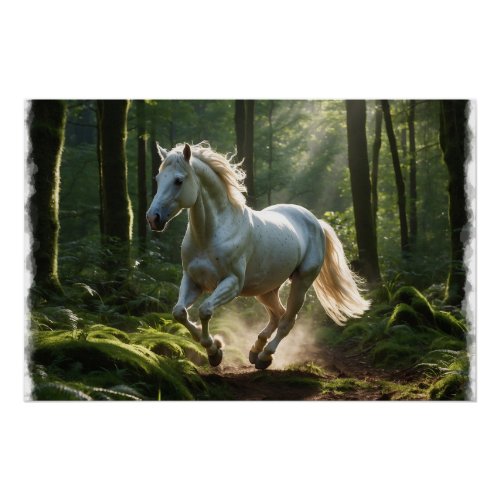 Beautiful White Horse and Forest Poster