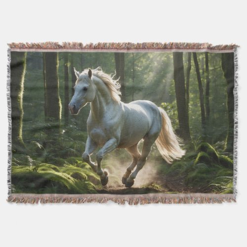 Beautiful White Horse and Forest Throw Blanket