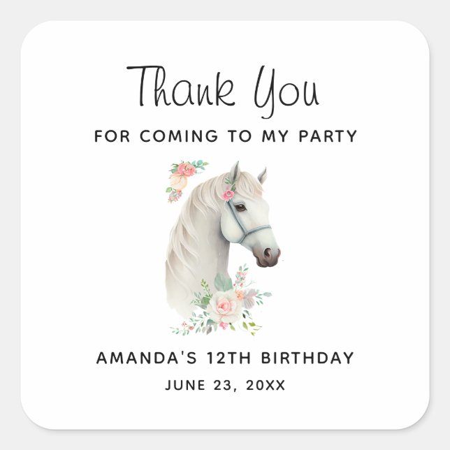 Beautiful White Horse Boho Floral Birthday Square Sticker (Front)