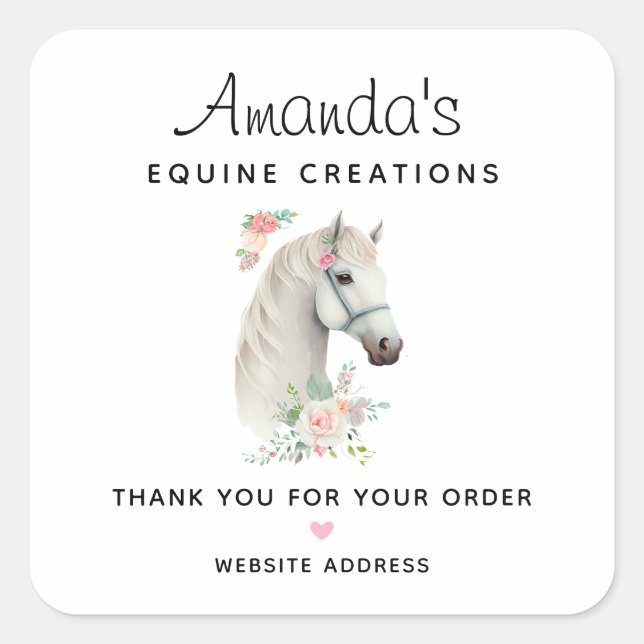 Beautiful White Horse Boho Floral Business Square Sticker (Front)