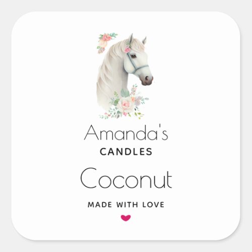 Beautiful White Horse Boho Floral Candle Business Square Sticker