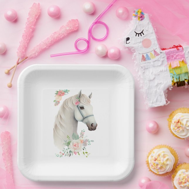 Beautiful White Horse Boho Floral Paper Plates (Party)