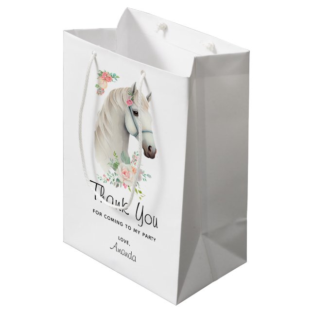Beautiful White Horse Boho Floral Thank You Medium Gift Bag (Front Angled)