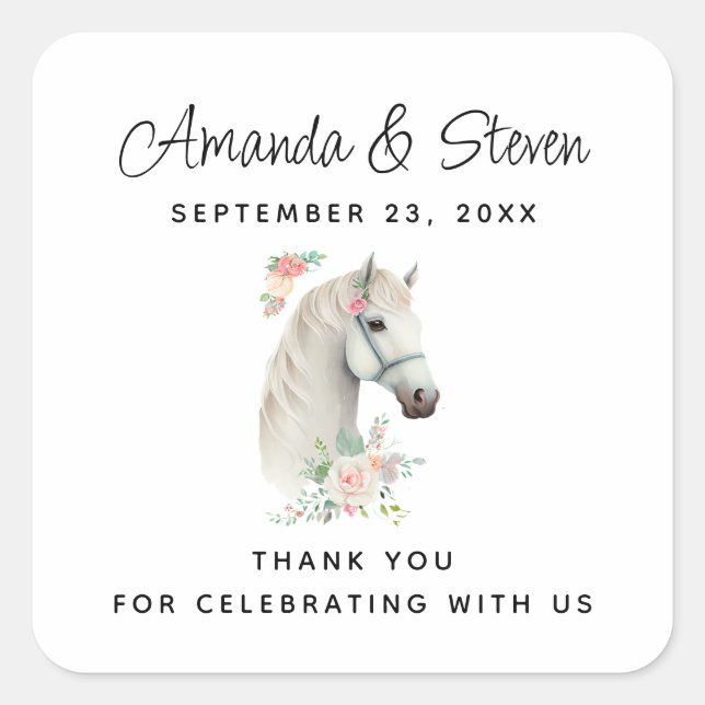 Beautiful White Horse Boho Floral Wedding Square Sticker (Front)
