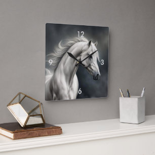 Beautiful White Horse Flowing Mane Square Wall Clock