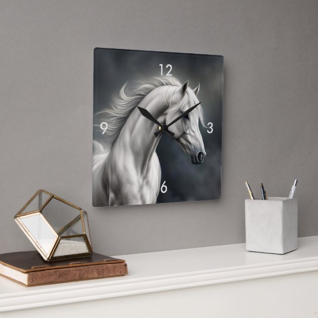 Beautiful White Horse Flowing Mane Square Wall Clock (Office)