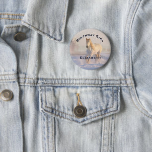 Beautiful White Horse Galloping Birthday Girl Button