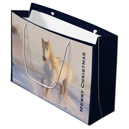 Beautiful White Horse Galloping in Snow Christmas Large Gift Bag